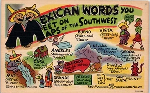 Vtg Postcard 1943 Mexican Words You Meet On Maps Of The Southwest Nine images - Picture 1 of 2
