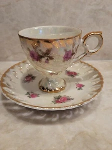 Lefton China Hand Painted Rose Demitasse Tea Cup And Saucer Gold Trim - Picture 1 of 7