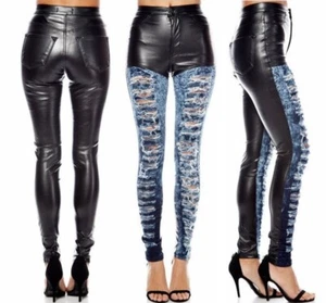High Waist Black Faux Leather Blue Acid Wash Ripped Skinny Jeans Pants 3 / 25 - Picture 1 of 5
