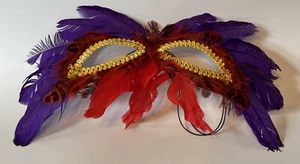 Fancy Feather Eye Mask Costume Purple Red Gold Mardi Gras Halloween - Picture 1 of 8