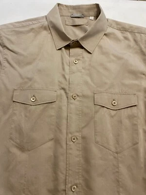 Мужская хлопковая шелковая военная рубашка Prada с коротким рукавом на пуговицах бежевая размер 41 - Изображение 1 из 4