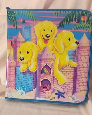 Lisa Frank Puppy Sandcastle 90s Vinyl 3 Ring Zip Binder Three Golden Yellow Dogs - Image 1 of 4