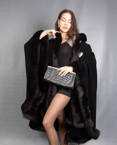 16600 GLAMOROUS WOOL CASHMERE COAT SWINGER CAPE BLUE FOX BEAUTIFUL SIZE 3XL-6XL - Picture 1 of 17