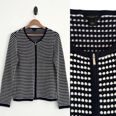 Ann Taylor Women Large Black White Multi 100% Cotton Polka Dot Knit Cardigan NEW - Image 1 of 4