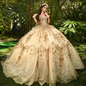 Vestidos de quinceañera dorados brillantes encaje lentejuelas apliques graduación vestidos de baile dulces 15 16 - Imagen 1 de 10