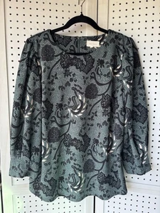 Melloday 3/4 Puff SLV Green Black Floral Print Blouse Women's XL Career - Picture 1 of 6