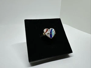 14k Yellow Gold Inlay Lapis, Turquoise Diamond Heart Ring MOP, Size 7, ASH - Picture 1 of 16