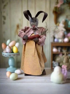 Handcrafted by Michelle Spring Easter Clay Sculpted Head Bunny Girl w/ Carrot on - Picture 1 of 5