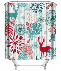 CHRISTMAS Reindeer Flowers Fabric SHOWER CURTAIN 70x70 Holiday Red Turquoise - Picture 1 of 1