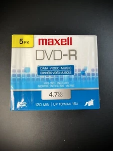 5 Pack Maxell DVD-R 4.7GB Brand New Sealed Blank Single-Sided Discs with Case - Picture 1 of 2