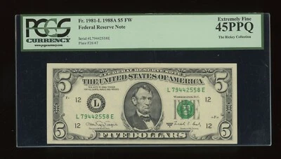DBR 1988-A $5 FRN San Francisco Fr. 1981-L PCGS 45 PPQ Serial L79442558E - Image 1 of 2