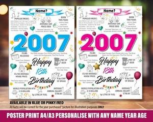 18TH 2007 BIRTHDAY POSTER PRESENT GIFT PERSONALISED 18 year Daughter Son 043 - Picture 1 of 3
