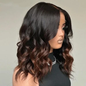 Body Wave Wig 4x4 Lace Closure Wigs Human Hair Ombre Brown Lace Wig - Picture 1 of 10