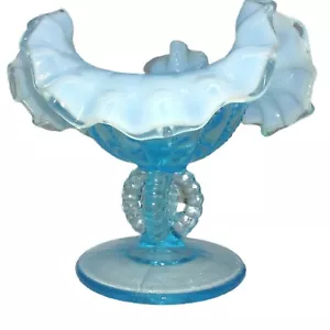 Vintage opalisierend Kompott blau Glasschale Perlen 4 Fuß Süßigkeiten Standfuß gekräuselt 5" - Bild 1 von 11