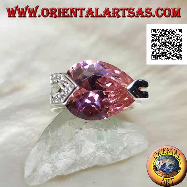 Anello in Argento 925‰ rodiato con zircone a goccia rosa  e zirconi bianchi - Immagine 1 di 1