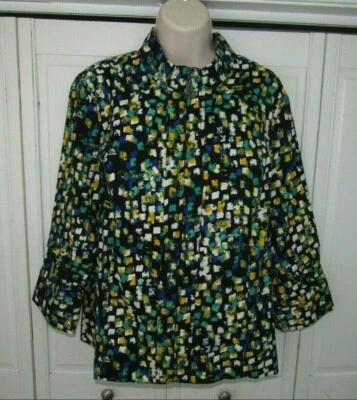 Christopher & Banks Large L Womens Black Colorful Jacket Top 3/4 Sleeves Zip CJ - Image 1 of 4