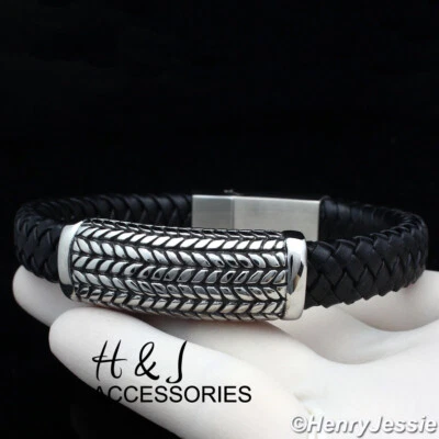 Pulsera de cuero con diseño trenzado plateado/negro de acero inoxidable de 8,5" HOMBRE 12 mm*B101 Foto 1 de 2