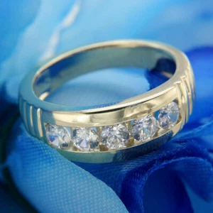 2.25 Ct Simulated Diamond Five Stone Wedding Band Ring 14K Yellow Gold Plated - Picture 1 of 6