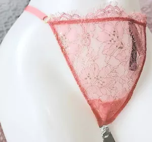 Victorias secret XL 🍑 Gold V Logo Lace Thong G String Coral Panty new vintage - Picture 1 of 5