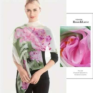 Womens Pink Chiffon Scarf Ink Lotus Lightweight Scarf Fashion Floral Print. - Picture 1 of 2