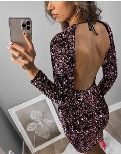 ZARA WOMAN SS22 PINK VELVET MINI DRESS WITH SEQUINS Size S REF:9338/565 - Picture 1 of 24