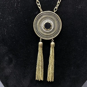 Halskette goldfarben schwarz klar Strass verziert Boho Quaste Anhänger - Bild 1 von 11