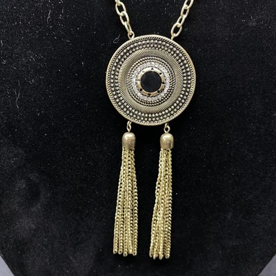 Gold Tone Black Clear Rhinestone Necklace Ornate Boho Tassel Pendant - Image 1 of 4