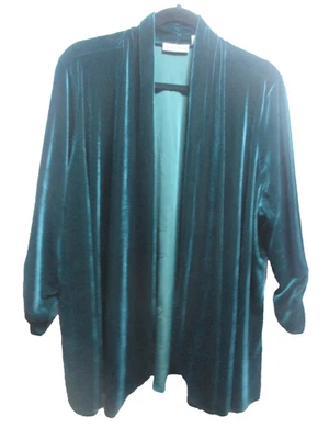 Susan Graver   XL  Velvet Velour Green Ruched Sleeve Open Front Cardigan Jacket - Image 1 of 4