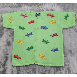 Vintage 90s Rey Wear Hand Knit Short Sleeve Cardigan Size L Green Butterflies - Picture 1 of 10