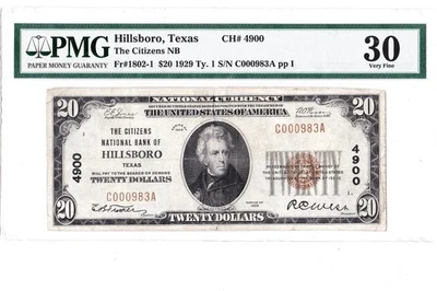 $20 1929 T1 National HILLSBORO Texas TX 🇺🇸 PMG 30 Very Fine! 🇺🇸 - Image 1 of 2