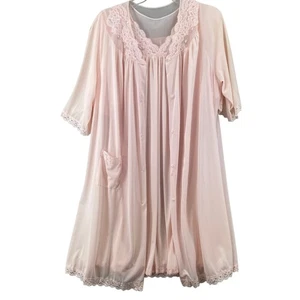 VTG Shadowline Robe Gown Set 2X Pink Nylon Lace Trim Short Sleeve Button Front - Picture 1 of 20