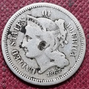 1867 Three Cent Piece 3c Nickel Circulated Details #94312 - Picture 1 of 2