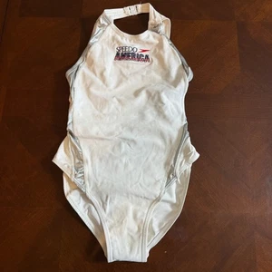 Traje de baño vintage Speedo America bandera de Estados Unidos bordado blanco plateado para mujer 8 EE. UU. - Imagen 1 de 14