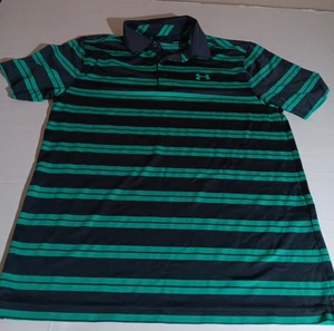 mens under armour shirts heat gear loose size Medium black W/green striped Polo. - Picture 1 of 5