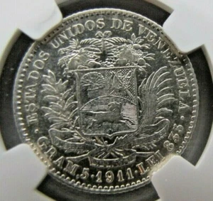 Venezuela 1 Bolivar 1911 NGC AU 53 - Picture 1 of 3