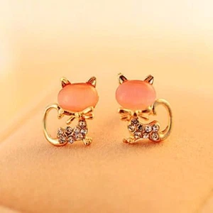 Women Opal Cat Earring Lovely Crystal Studs Earrings Fashion Ear Dangle 1Pairs - Picture 1 of 15