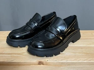 Glossy Black Chunky Block Heel Slip On Loafers Shoes Size 6 - Picture 1 of 12