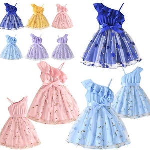 Baby Girls Princess Dress One Shoulder Sleeveless Flower Embroidery Party - Picture 1 of 34