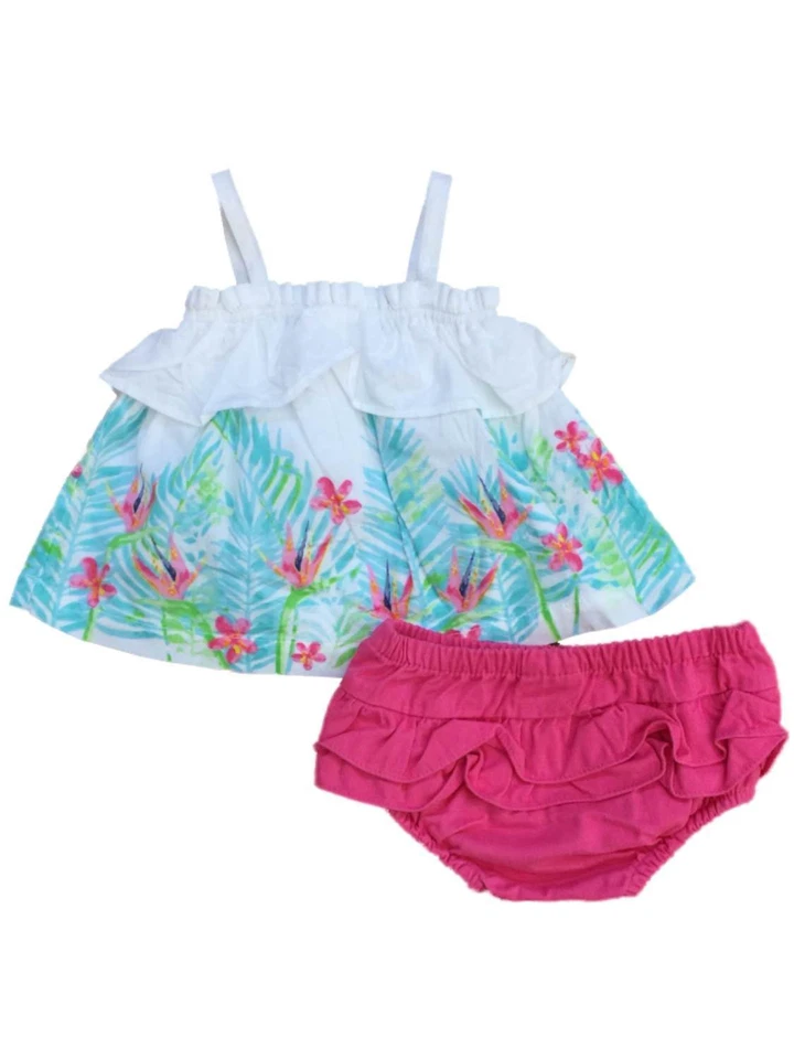 Conjunto de vestido floral rosa y azul de bebé de algodón para niñas Foto 1 de 1