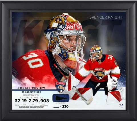 Spencer Knight Panthers FRMD 15x17 Rookie Review Collage Piece GU Puck-LE 1/230 Cover