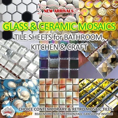 MOSAIC SHEET TILES Kitchen Bathroom Craft Glass Ceramic Mother Pearl Colour Art - Image 1 of 4