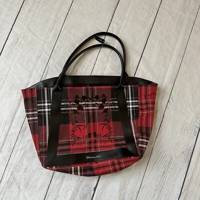 Victoria's Secret tote bag red black holiday plaid logo flowers NEW - Image 1 of 4