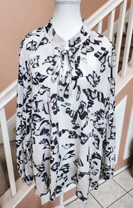 DG2 DIANE GILMAN White Black Print Long Sleeve Tie Neck Top Sz 2X 3X - Picture 1 of 13