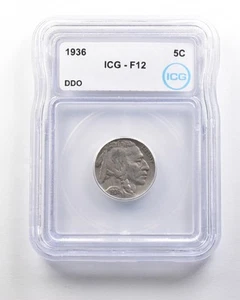 1936 Indian Head Buffalo Nickel Mint Error DDO F12 ICG *1622 - Picture 1 of 3