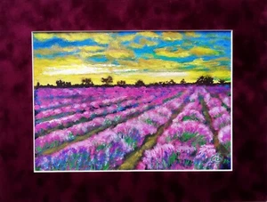 Original Painting Landscape -Lavender Field Artwork -Sunset Wall Art 8x12" - Picture 1 of 10