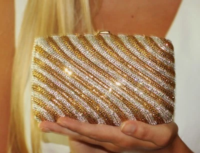 Judith Leiber SWAROVSKI CRYSTAL CHAMPAGNE GOLD CANE STRIPES Clutch Shoulder Bag - Image 1 of 4