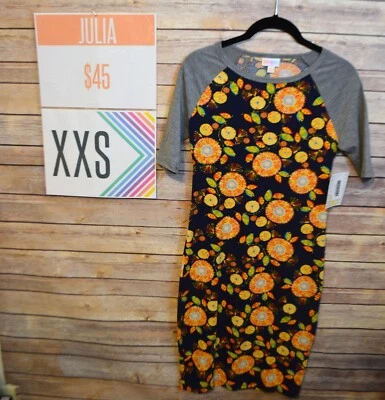 LuLaRoe новый с Ярлыками Julia платье XXS резинке подсолнечника всплески оранжевый/красный/желтый на темно-синий - Изображение 1 из 4