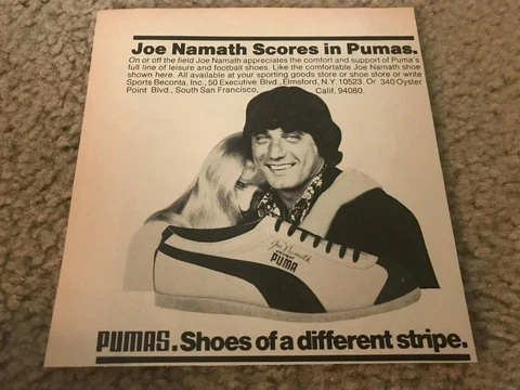 Vintage 1972 JOE NAMATH "SWINGER" PUMA Shoes Poster Print Ad NY JETS 1970s RARE Cover