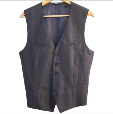 Express Suit Vest Size M Gray Wool Blend 5-Button Waistcoat Adjustable Back VTG - Image 1 of 4