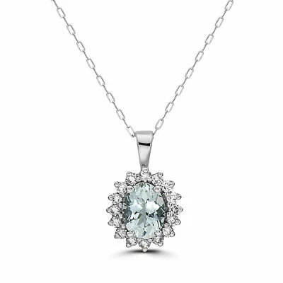 Birthstone 14K White Gold Aquamarine Nude Diamond 1.33 cts 18" Pendant Necklace - Image 1 of 4